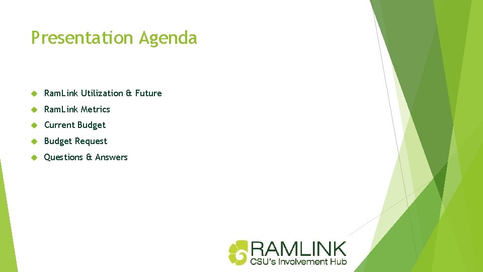 Presentation Agenda Ram. Link Utilization & Future Ram. Link Metrics Current Budget Request Questions