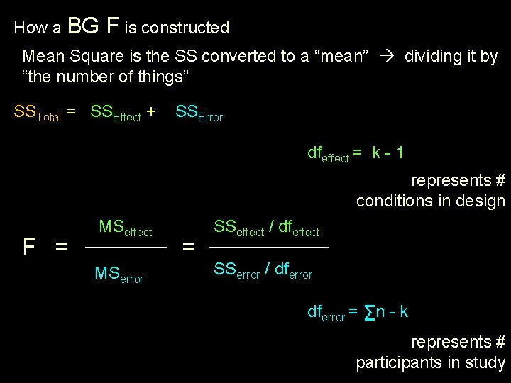 How a BG F is constructed Mean Square is the SS converted to a