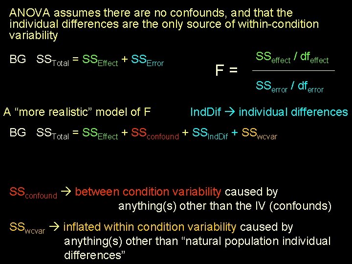 ANOVA assumes there are no confounds, and that the individual differences are the only