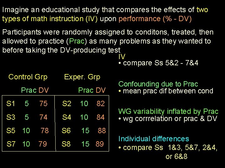 Imagine an educational study that compares the effects of two types of math instruction