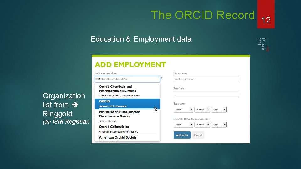 The ORCID Record Organization list from Ringgold (an ISNI Registrar) orcid. org 17 June
