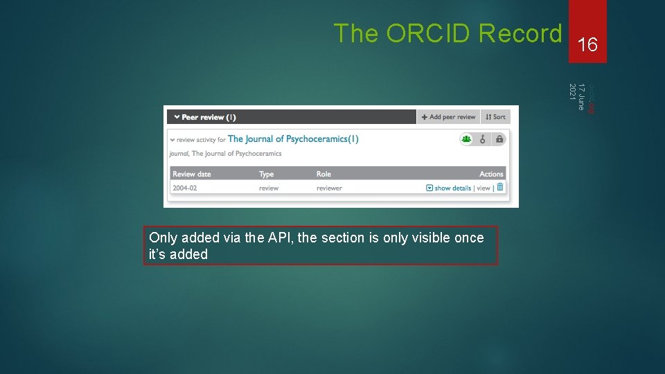 The ORCID Record 16 orcid. org 17 June 2021 Only added via the API,