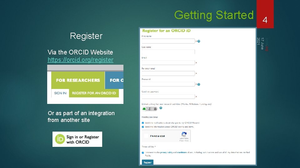 Getting Started Via the ORCID Website https: //orcid. org/register First Name Last Name Email