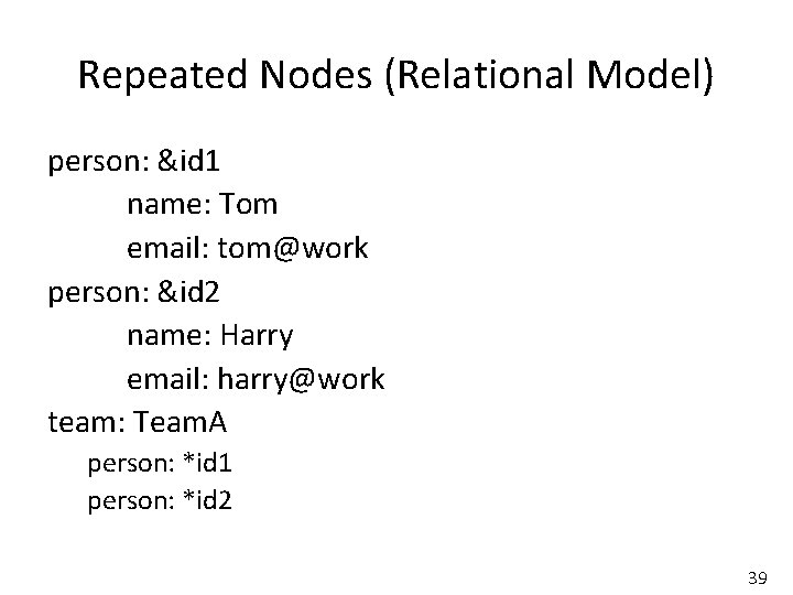 Repeated Nodes (Relational Model) person: &id 1 name: Tom email: tom@work person: &id 2