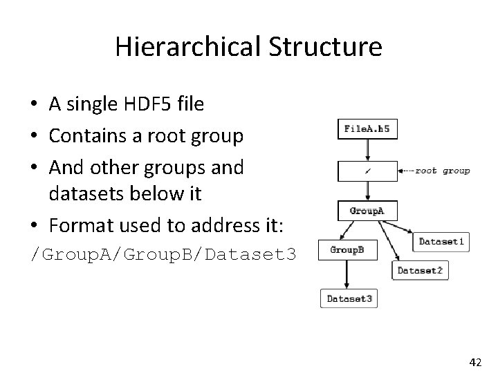 Hierarchical Structure • A single HDF 5 file • Contains a root group •