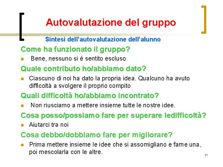 Autovalutazione del gruppo Sintesi dell’autovalutazione dell’alunno Come ha funzionato il gruppo? n Bene, nessuno