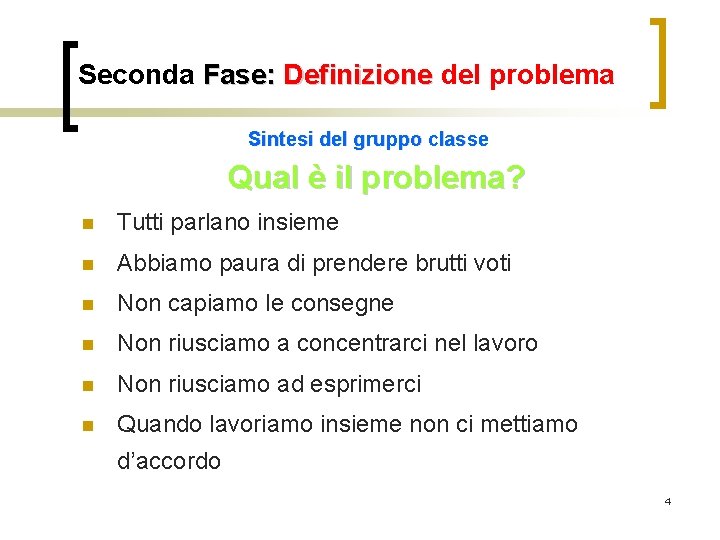 Seconda Fase: Definizione del problema Sintesi del gruppo classe Qual è il problema? n