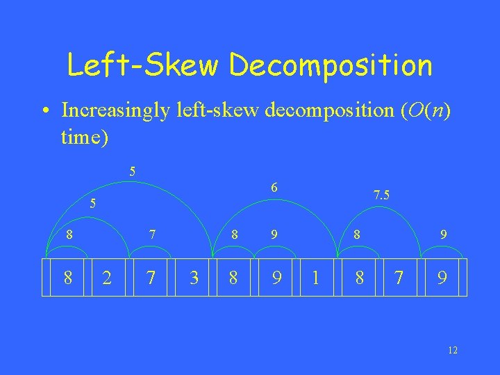Left-Skew Decomposition • Increasingly left-skew decomposition (O(n) time) 5 6 7. 5 5 8