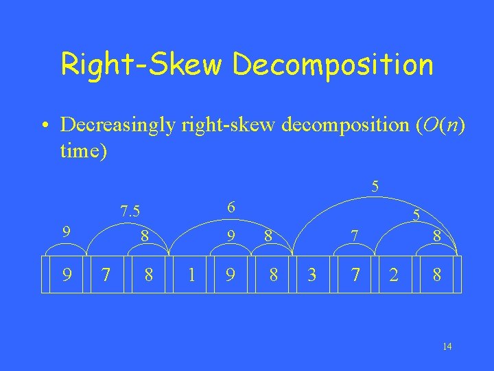 Right-Skew Decomposition • Decreasingly right-skew decomposition (O(n) time) 5 6 7. 5 9 9
