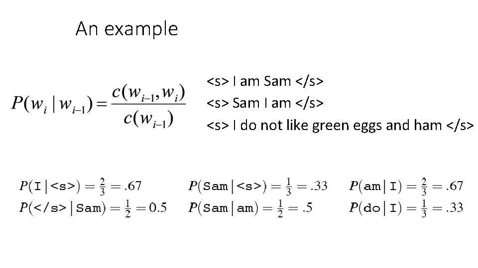 An example <s> I am Sam </s> <s> Sam I am </s> <s> I