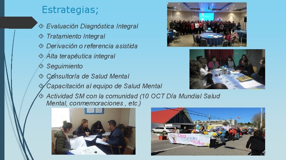 Estrategias; Evaluación Diagnóstica Integral Tratamiento Integral Derivación o referencia asistida Alta terapéutica integral Seguimiento