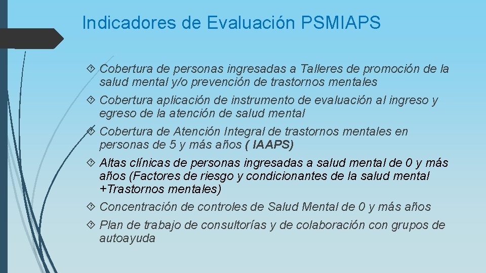 Indicadores de Evaluación PSMIAPS Cobertura de personas ingresadas a Talleres de promoción de la