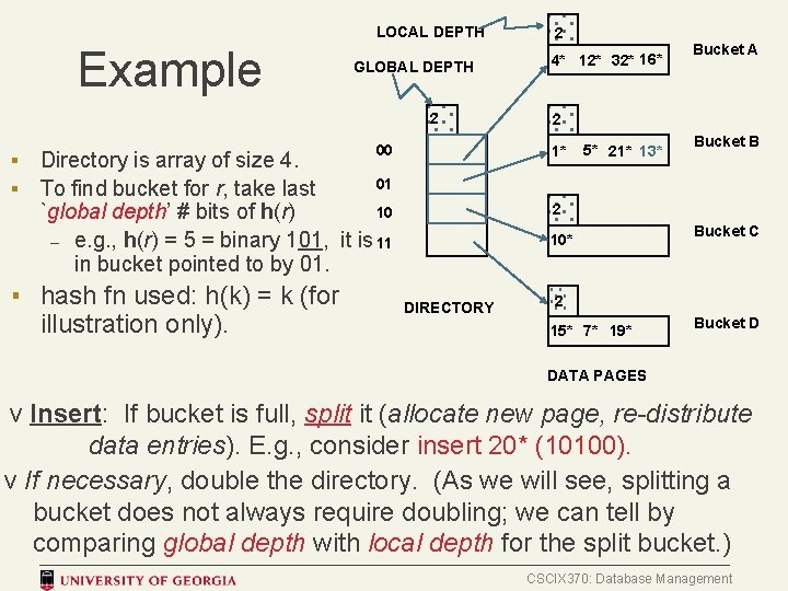 LOCAL DEPTH Example GLOBAL DEPTH 2 00 4* 12* 32* 16* Bucket A 2