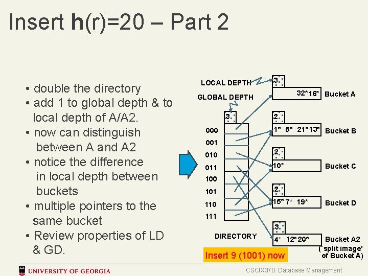 Insert h(r)=20 – Part 2 • double the directory • add 1 to global