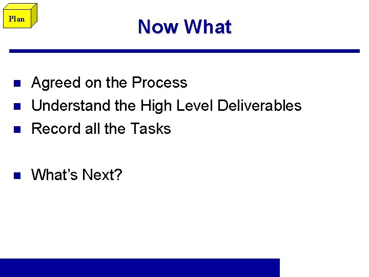 Plan Now What n Agreed on the Process Understand the High Level Deliverables Record