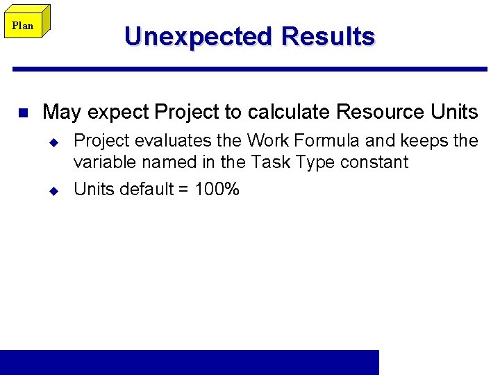 Plan n Unexpected Results May expect Project to calculate Resource Units u u Project