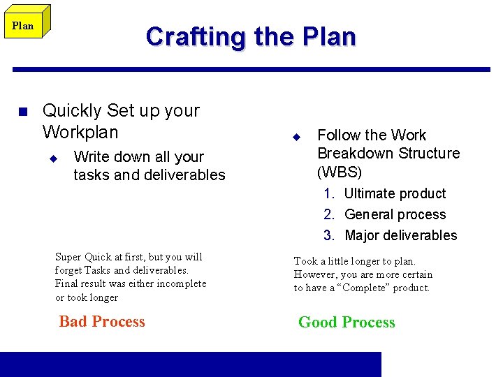 Plan n Crafting the Plan Quickly Set up your Workplan u Write down all