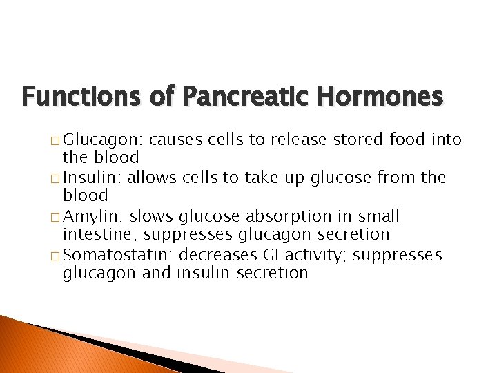 Functions of Pancreatic Hormones � Glucagon: causes cells to release stored food into the