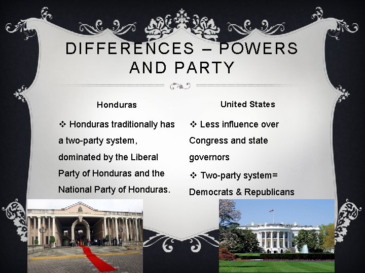 DIFFERENCES – POWERS AND PARTY Honduras United States v Honduras traditionally has v Less