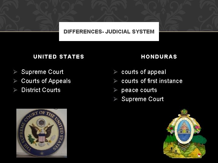 DIFFERENCES- JUDICIAL SYSTEM UNITED STATES Ø Supreme Court Ø Courts of Appeals Ø District