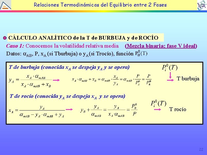 Relaciones Termodinámicas del Equilibrio entre 2 Fases CÁLCULO ANALÍTICO de la T de BURBUJA