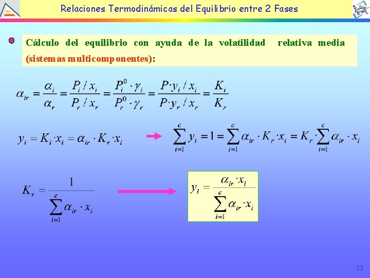 Relaciones Termodinámicas del Equilibrio entre 2 Fases Cálculo del equilibrio con ayuda de la