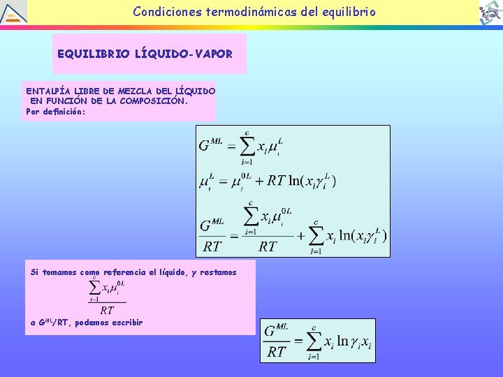 Condiciones termodinámicas del equilibrio EQUILIBRIO LÍQUIDO-VAPOR ENTALPÍA LIBRE DE MEZCLA DEL LÍQUIDO EN FUNCIÓN