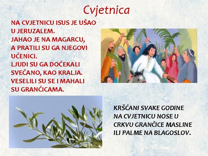 Cvjetnica NA CVJETNICU ISUS JE UŠAO U JERUZALEM. JAHAO JE NA MAGARCU, A PRATILI