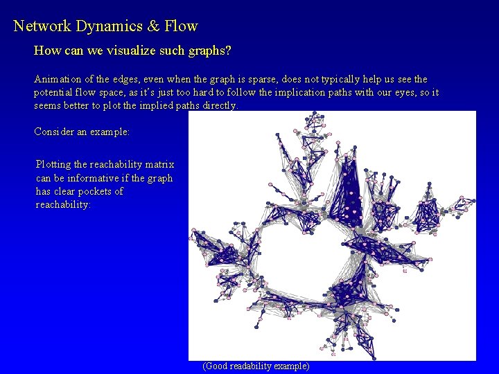 Network Dynamics & Flow How can we visualize such graphs? Animation of the edges,