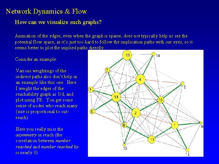 Network Dynamics & Flow How can we visualize such graphs? Animation of the edges,