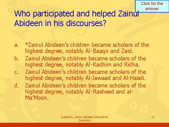 Who participated and helped Zainul Abideen in his discourses? a. b. c. d. Click Who participated and helped Zainul Abideen in his discourses? a. b. c. d. Click