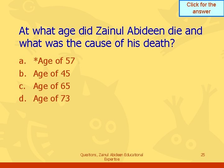 Click for the answer At what age did Zainul Abideen die and what was Click for the answer At what age did Zainul Abideen die and what was