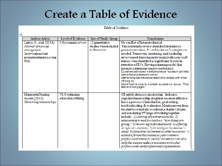 Create a Table of Evidence 