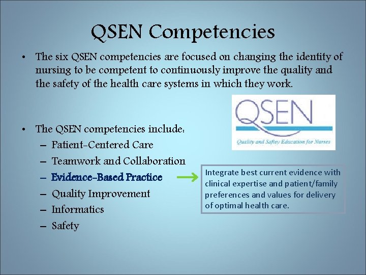 QSEN Competencies • The six QSEN competencies are focused on changing the identity of