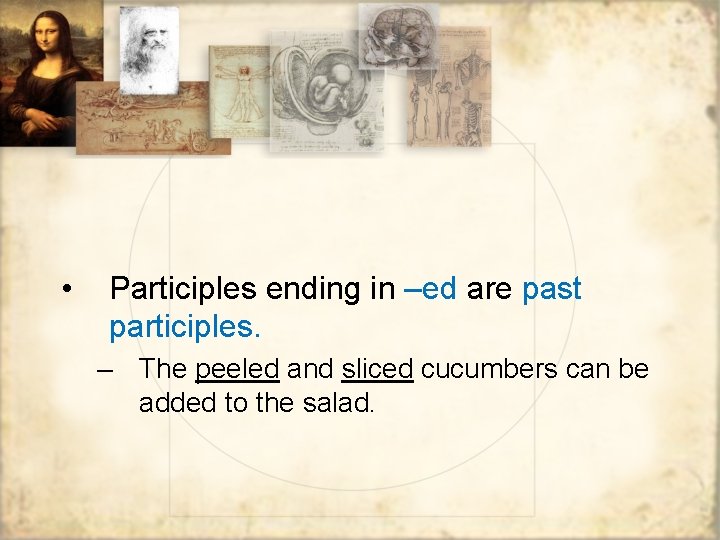 • Participles ending in –ed are past participles. – The peeled and sliced • Participles ending in –ed are past participles. – The peeled and sliced