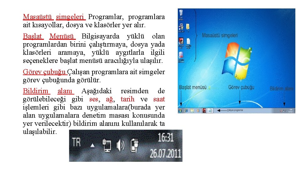 Masaüstü simgeleri Programlar, programlara ait kısayollar, dosya ve klasörler yer alır. Başlat Menüsü Bilgisayarda