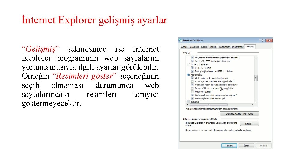 İnternet Explorer gelişmiş ayarlar “Gelişmiş” sekmesinde ise Internet Explorer programının web sayfalarını yorumlamasıyla ilgili