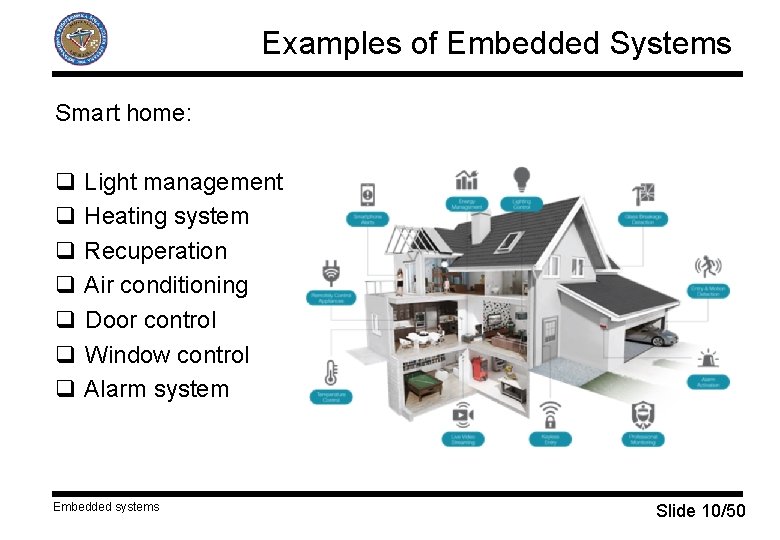 Examples of Embedded Systems Smart home: q Light management q Heating system q Recuperation