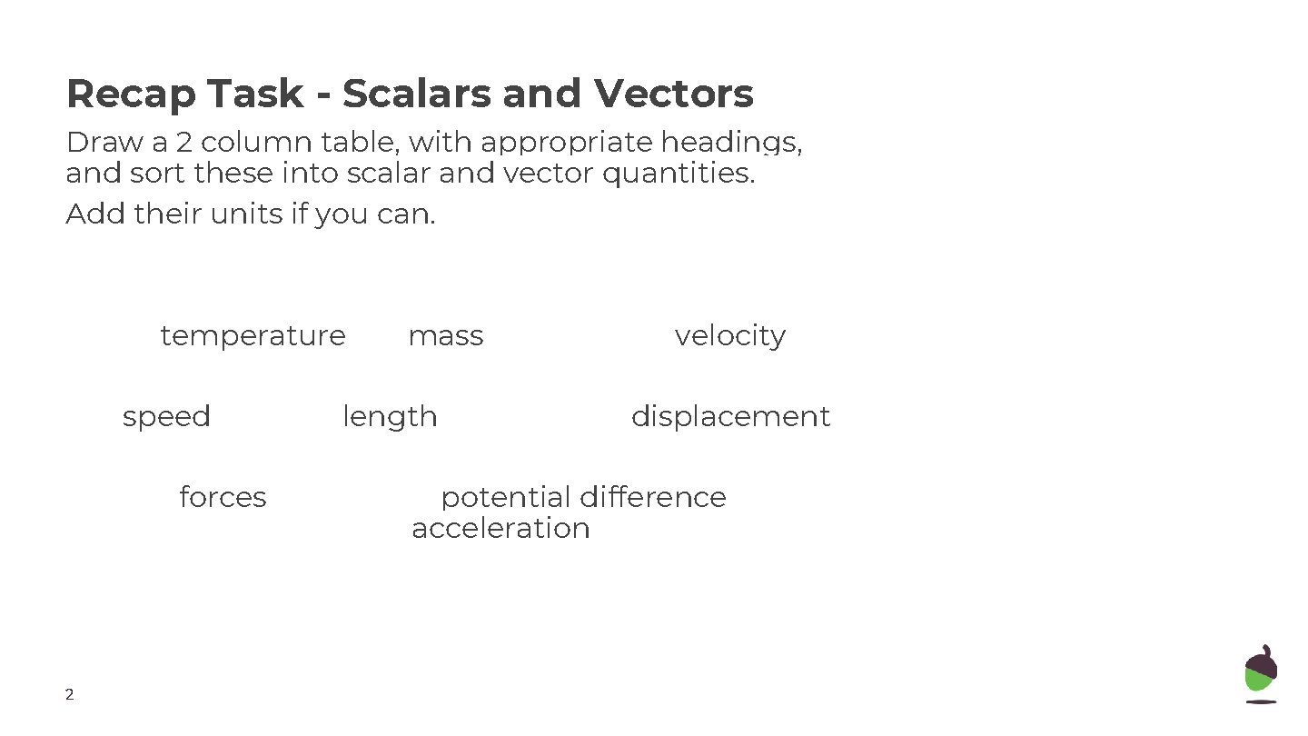 Recap Task - Scalars and Vectors Draw a 2 column table, with appropriate headings,