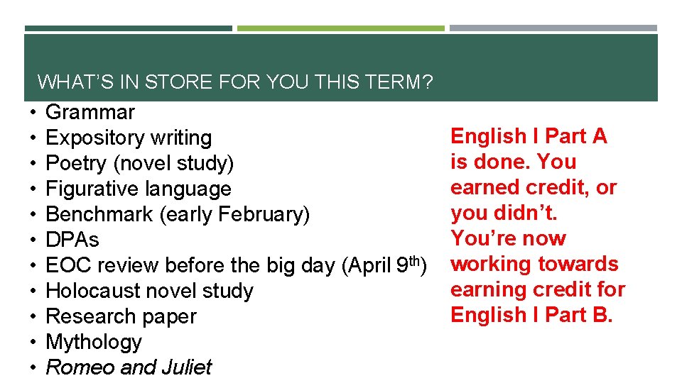 WHAT’S IN STORE FOR YOU THIS TERM? • • • Grammar Expository writing Poetry