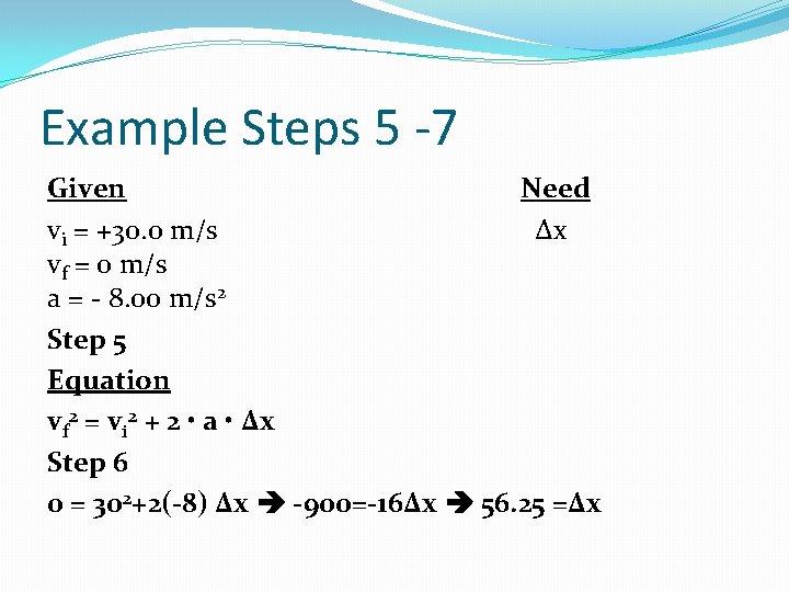 Example Steps 5 -7 Given Need vi = +30. 0 m/s ∆x vf =