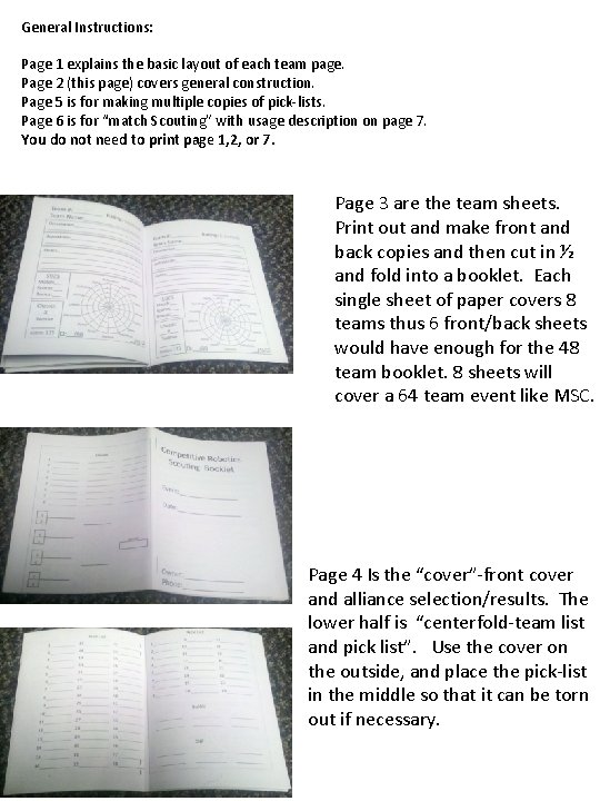 General Instructions: Page 1 explains the basic layout of each team page. Page 2