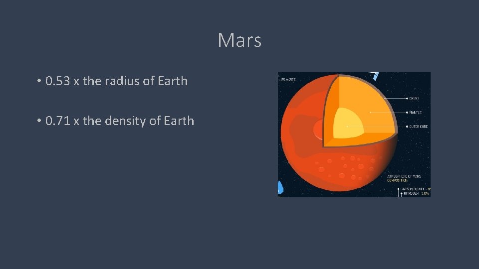 Mars • 0. 53 x the radius of Earth • 0. 71 x the