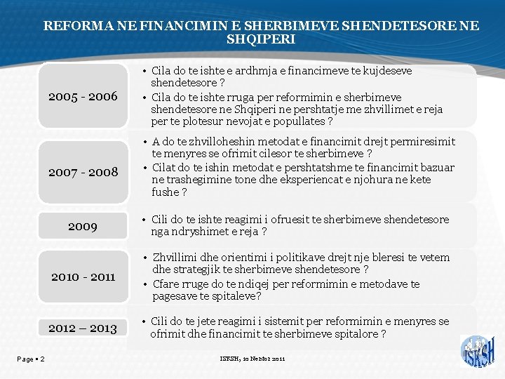 REFORMA NE FINANCIMIN E SHERBIMEVE SHENDETESORE NE SHQIPERI Page 2 2005 - 2006 •