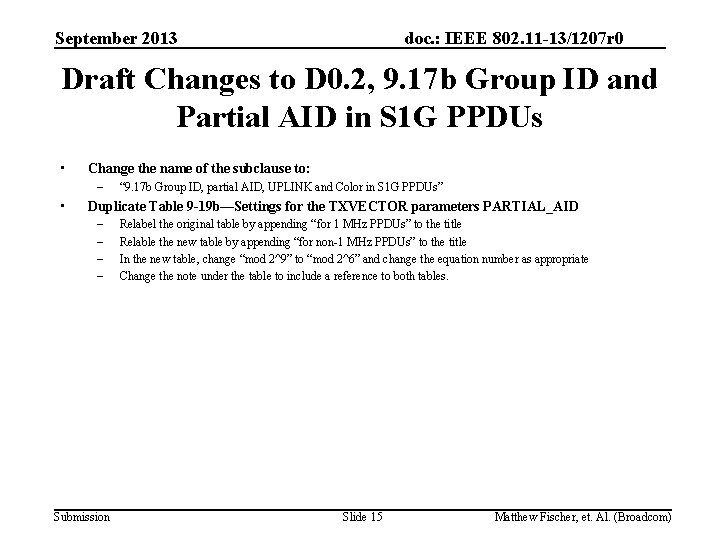September 2013 doc. : IEEE 802. 11 -13/1207 r 0 Draft Changes to D