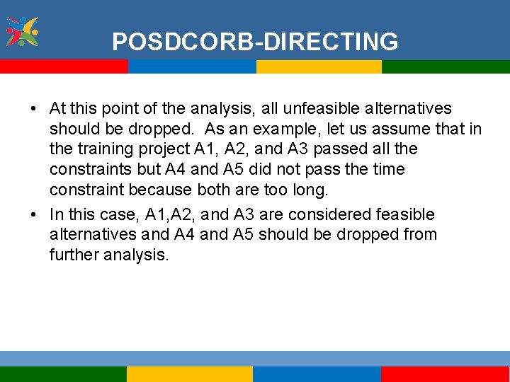 POSDCORB-DIRECTING • At this point of the analysis, all unfeasible alternatives should be dropped.