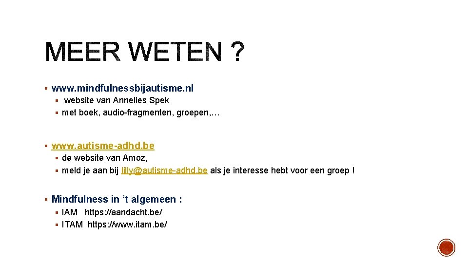 § www. mindfulnessbijautisme. nl § website van Annelies Spek § met boek, audio-fragmenten, groepen,