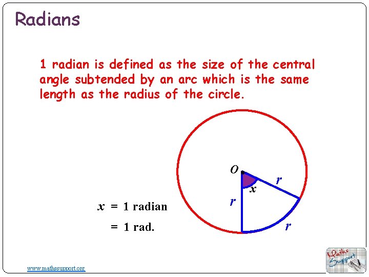 Radians 1 radian is defined as the size of the central angle subtended by