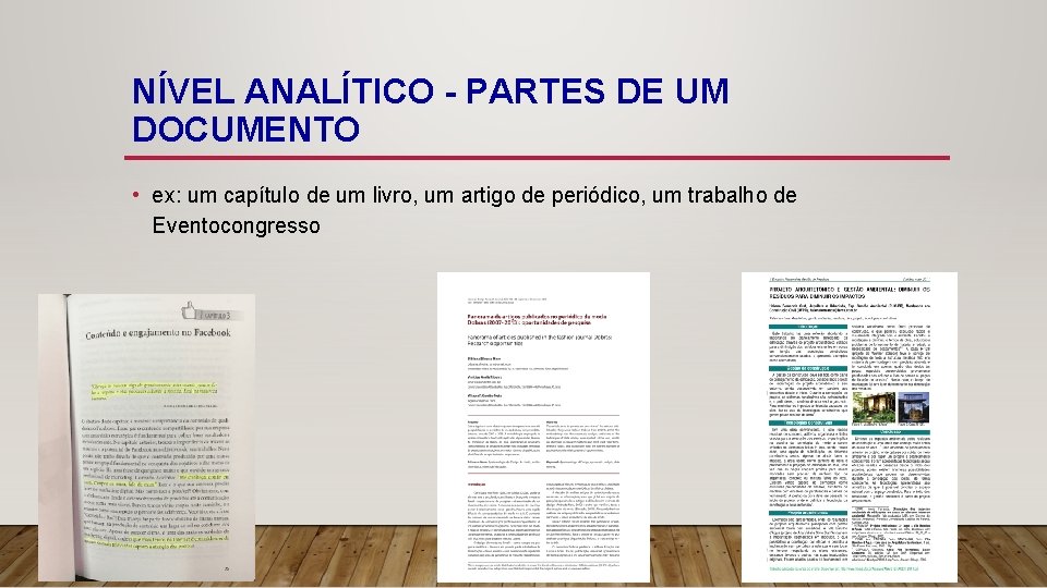 NÍVEL ANALÍTICO - PARTES DE UM DOCUMENTO • ex: um capítulo de um livro,