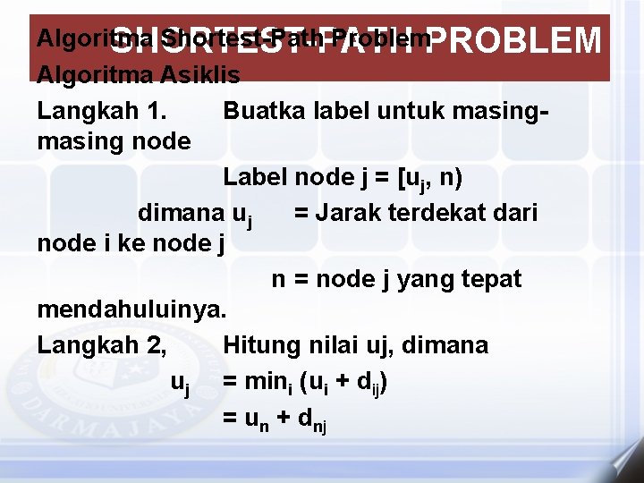 Algoritma Shortest-Path Problem. PROBLEM SHORTEST-PATH Algoritma Asiklis Langkah 1. Buatka label untuk masing node